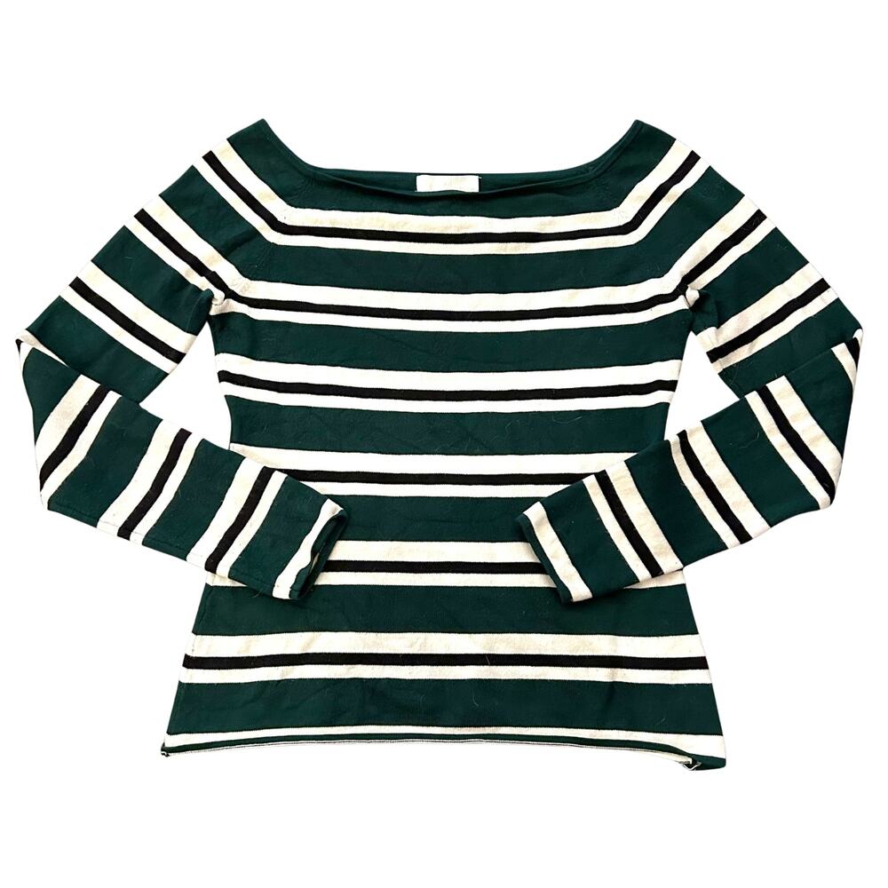 H&M Green Cream Black Striped Wide Bateau Knit Top Long Sleeve Stretch Pullover